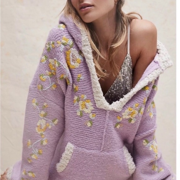 Free People Sweaters - Free People Lavender Off-Shoulder Floral Knit Hoodie